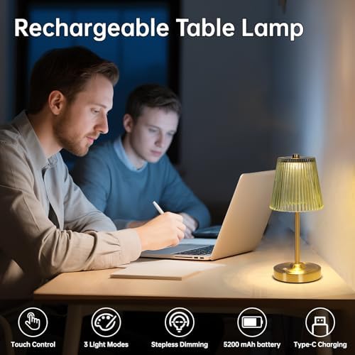 Shenmoyl Cordless Touch Table Lamp with 5200mAh Battery - 3 Adjustable Color Temperatures & Dimmable, Rechargeable Desk Lamp for Bedroom, Living Room, Office, Entryway, Bookshelves (Green Stripe) - Image 2