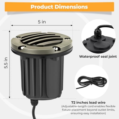 Gardencoin Brass Low Voltage Landscape Well Lights (5" Cover, 5.5" Tall), 12V LED Wired In-Ground Outdoor Up Lighting Fixture Waterproof, Adjustable Beam Direction Base, Without MR16 Bulb (12 Pack) - Image 7