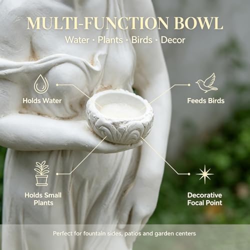 Outdoor Nymph Statue with Hand Bowl Holder, Religious Garden Sculpture, Goddess of Greek Mythology Roman Style for Yard Patio Lawn Church Decor, Catholic Christian Spiritual Gift, Ivory - Image 3