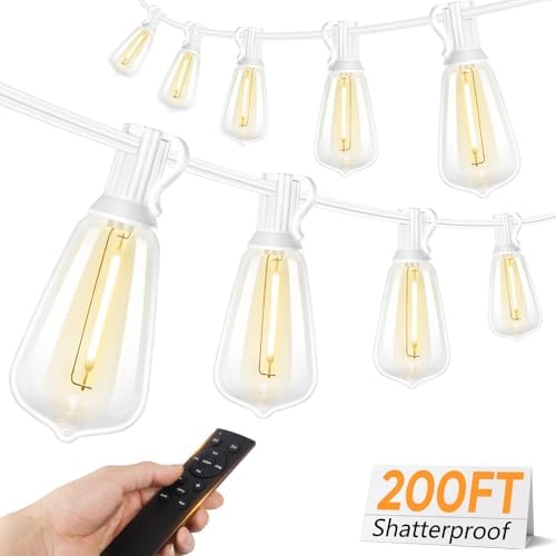 Brightever Outdoor String Lights with Remote, 200FT LED Patio Lights with 62 ST38 LED Filament Bulbs, 3 Lighting Modes, 3H/5H Timer, Waterproof IP65 String Light for Outside, E12 Socket Base, White by Brightever