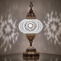 Turkish Moroccan Mosaic Battery-Operated Table Lamp – 12” H, 5” W, Portable Stained Glass Lantern for Indoor & Outdoor Use, Cordless Handmade Decorative Light for Bedroom, Patio & Camping, White Clear by DEMMEX
