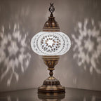 Turkish Moroccan Mosaic Battery-Operated Table Lamp – 12” H, 5” W, Portable Stained Glass Lantern for Indoor & Outdoor Use, Cordless Handmade Decorative Light for Bedroom, Patio & Camping, White Clear by DEMMEX