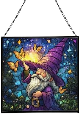 Magic Hat Gnome Stained Glass Suncatcher – Square Hanging Window Panel for Home or Greenhouse – Whimsical Glass Art Gift for Garden Lovers, Christmas, Halloween, Father Days OePCrS by Custom
