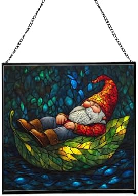 Floating Leaf Gnome Stained Glass Suncatcher – Square Hanging Window Panel for Home or Greenhouse – Whimsical Glass Art Gift for Garden Lovers, Christmas, Halloween, Father Days 1YKS2t by Custom
