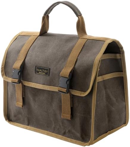Canvas Tool Storage Bag - Portable Garden Tool Carrying Case with 3 Pockets + 2 Release Buckles, Multi-Purpose 16OZ Waxed Canvas Tool Tote Bag | 11.5"L x 6"W x 7.5"H | Grey by Kaaltisy