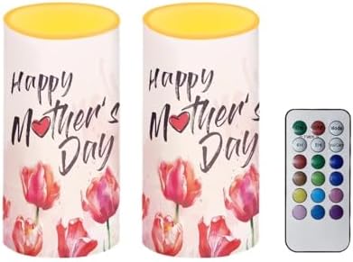Happy Mother's Day Decor Flameless Candles Set of 2 Battery Operated with Timer Remote Control LED Pillar Candles Pink Tulips Flower Gifts for Mom by NETILGEN