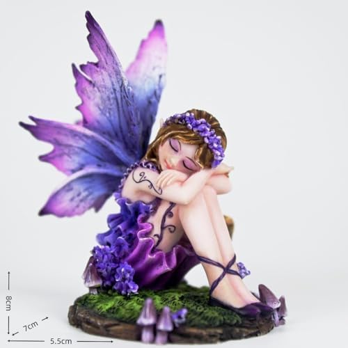 Fantasy Purple Sleeping Fairy Figurine, 3.15 Inch Blue-Purple Gradient Elf Statue, Hand-Painted Resin Decor with Flower Crown & Mini Mushroom Base for Desk, Fairy Garden, Bedroom - Image 2