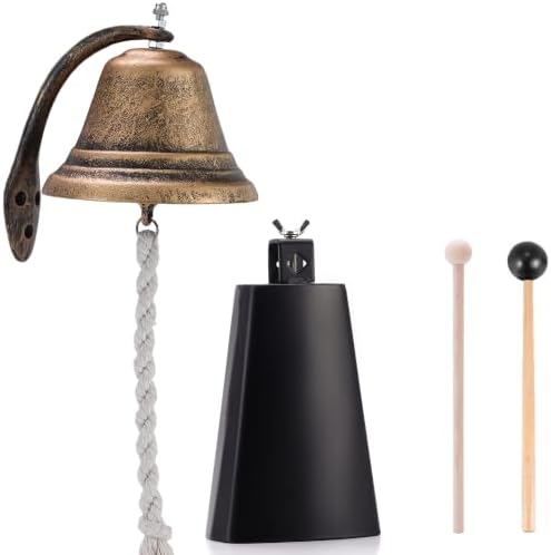 Cast Iron Hanging Dinner Bell with Outdoor Mount for Door Wall(S) & Homelavie Cowbell Instrument for Drum Set Steel Cow Bell with Stick (7inch) by Homelavie