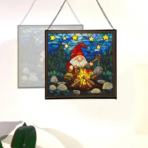 Gnome with Campfire Cooking Stained Glass Suncatcher – Square Hanging Window Panel for Home, Garden, Nursery, Halloween, Christmas, Memorial Day – Whimsical Glass Art Gift for Gnome Lovers ulz706 - Image 4
