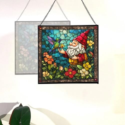 Gnome and Hummingbird Stained Glass Suncatcher – Square Hanging Window Panel for Home or Greenhouse – Whimsical Glass Art Gift for Garden Lovers, Christmas, Halloween, Father Days BoR1o4 - Image 4