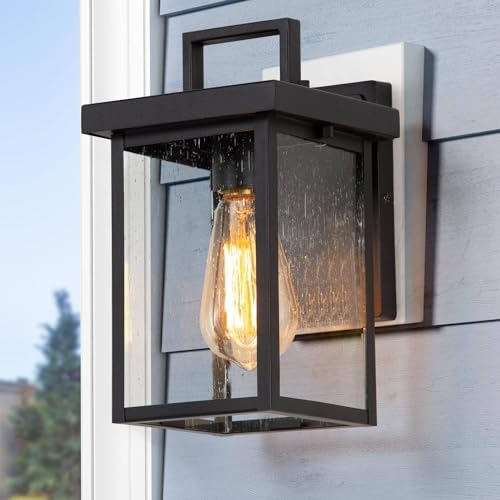 LALUZ Outdoor Wall Light, Exterior Wall Sconce Porch Light Fixture Wall Mount, Matte Black Outdoor Wall Lantern with Seeded Glass, E26 Socket Waterproof Outside Lamp for House, Patio, Garage by LALUZ