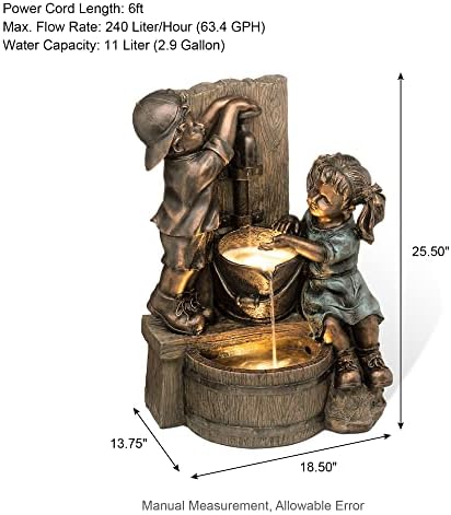 Glitzhome Outdoor Water Fountain with LED Light, Children Playing with Faucet Waterfall Fountains, Antique Bronze Resin Boy and Girl Statue Outdoor Waterfall Fountain for Patio Backyard Garden, 25”H - Image 4