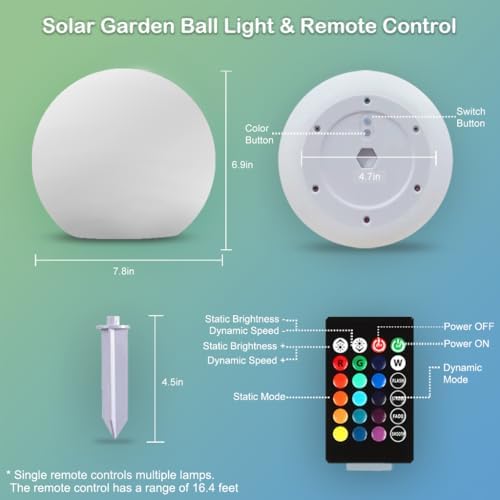 8 inch Solar Glowing Globe Light, 16 RGB Colors Changing Solar Garden Ball Light, Auto-On/Off LED Glow Ball W/Remote, Waterproof Landscape Lighting Globe W/Ground Stake for Patio Yard Pathway Decor - Image 6