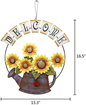 Large Vintage Metal Hanging Watering Can Design with Sunflower Wecome Sign Wall Front Door Garden Kitchen Patio Decoration Sunflower Door Wreaths 14''x15.5'' - Image 3
