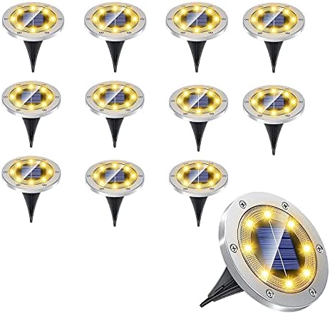 Solar Lights Garden Solar Ground Lights Solar Powered with 8 LED Solar Disk Lights for Pathway Yard Walkway Patio Lawn Path 12PCS by Unknown