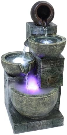 23.6" 4-Tiers Cascading Rock Water Fountain Outdoor Garden Waterfall Decor for Garden, Outside Cascading Bowls and Stacked Stones Patio Water Features Fountain with LED Light and Atomizer Wh by Unknown