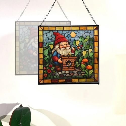 Gnome with Insect Hotel Stained Glass Suncatcher – Square Hanging Window Panel for Home, Garden, Nursery, Halloween, Christmas, Memorial Day – Whimsical Glass Art Gift for Gnome Lovers zyi931 - Image 4