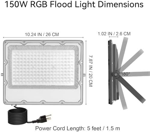 RGB LED Flood Lights Outdoor, Color Changing, 150W, 15000LM, 2-Pack - Image 6