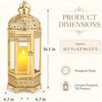 TRIROCKS Moroccan Candle Lantern16'' Gold Hexagonal Candle Holder with Tempered Glass Decorative Indoor Outdoor Ramadan Lantern for Living Room Garden Yard Patio Parties Events (Gold) - Image 3