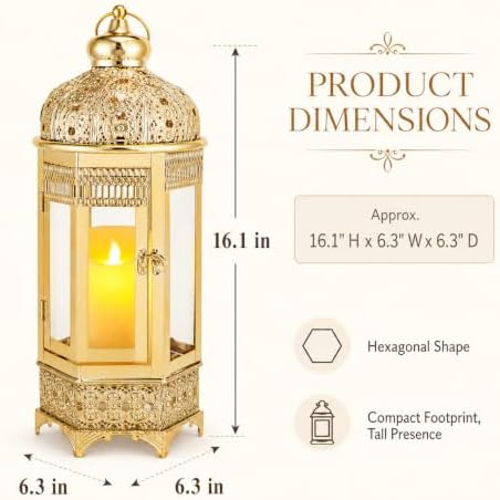 TRIROCKS Moroccan Candle Lantern16'' Gold Hexagonal Candle Holder with Tempered Glass Decorative Indoor Outdoor Ramadan Lantern for Living Room Garden Yard Patio Parties Events (Gold) - Image 3