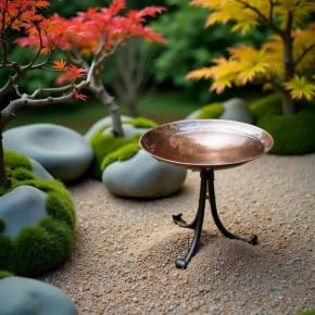 Burnt Copper Birdbath with Tripod Stand – Hammered Copper Finish Bowl & Wrought Iron Base for Garden, Deck & Tabletop - Image 2