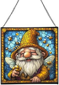 Bee Keeper Gnome Stained Glass Suncatcher – Square Hanging Window Panel for Home or Greenhouse – Whimsical Glass Art Gift for Garden Lovers, Christmas, Halloween, Father Days sRuQKl by Custom