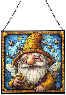 Bee Keeper Gnome Stained Glass Suncatcher – Square Hanging Window Panel for Home or Greenhouse – Whimsical Glass Art Gift for Garden Lovers, Christmas, Halloween, Father Days sRuQKl by Custom