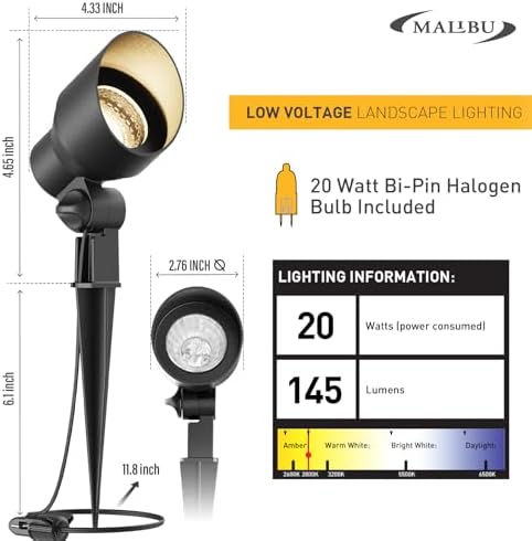 Malibu 20W Landscape Lighting Outdoor Landscape Spotlights Low Voltage 12V AC Warm White Lighting 145Lumen Waterproof for Driveway Yard Lawn Patio Walls Trees 8Pack 8301-9604 - Image 2