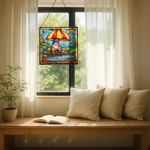 Gnome with Umbrella Stained Glass Suncatcher – Square Hanging Window Panel for Home, Garden, Nursery, Halloween, Christmas, Memorial Day – Whimsical Glass Art Gift for Gnome Lovers h4vwi8 - Image 7