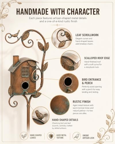 Handmade Iron Birdhouse Metal Garden Stake Bird House with Pole Stand - Image 6