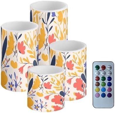 Stylish Floral Leaves Flameless Candles with Timer Remote Battery Operated Flameless Candles for Home Party Decorations Pillar LED lIights Set of 4 by Merkmak