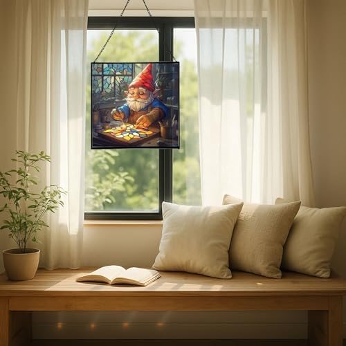 Suncatcher Maker Gnome Stained Glass Suncatcher – Square Hanging Window Panel for Home or Greenhouse – Whimsical Glass Art Gift for Garden Lovers, Christmas, Halloween, Father Days ceft0Z - Image 7