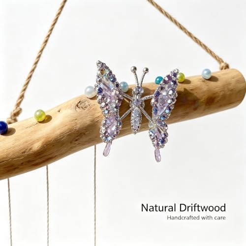 Handcrafted Driftwood Sea Glass Butterfly Wind Chime, Sea Glass Sun Catcher - Image 3