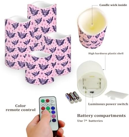 Flameless Candles Battery Operated Candles with Remote Control and Timers Color Changing Halloween Party Decor Accessories Flickering LED Pillar Candles Set of 4 Cartoon Bat - Image 3