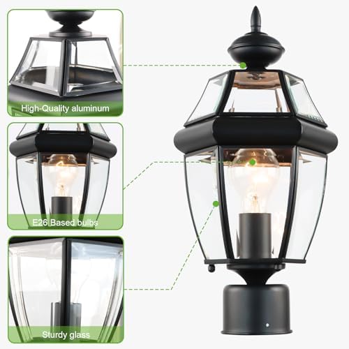 Kalium Outdoor Post Lights, 15" Lamp Post Light Fixture Waterproof Aluminum Housing with Glass, E26 Base Matte Black Lamp Posts Outdoor Lighting for Garden Patio Pathway Walkway （Pole not Included） - Image 6
