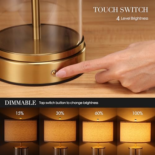 O’Bright Luma - Battery Powered Table Lamp, Cordless Glass Bedside Lamp with Rechargeable Battery, Full Size 19.5 Inch Height, Touch Dimmer, Type-C Charging, Clear Glass Design, Antique Brass - Image 4