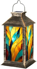 Solar Lantern Outdoor Waterproof Solar Powered Colorful Stained Glass Window Abstract Stained Glass Art Nouveau Hanging Lantern for Garden Patio Deck Yard Camping Tabletop Decor Lighting by Unknown