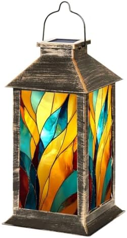 Solar Lantern Outdoor Waterproof Solar Powered Colorful Stained Glass Window Abstract Stained Glass Art Nouveau Hanging Lantern for Garden Patio Deck Yard Camping Tabletop Decor Lighting by Unknown
