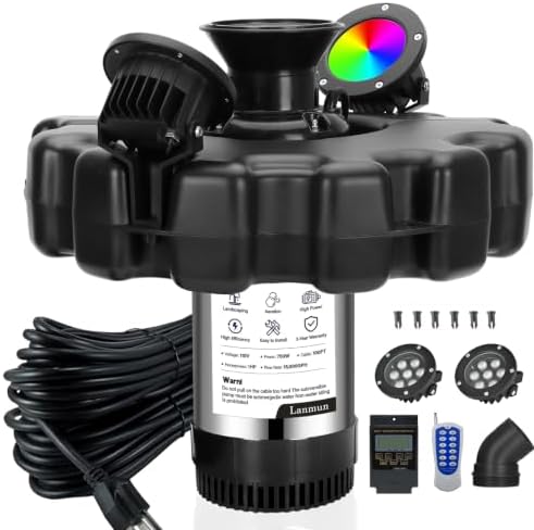 Pond Fountain Aerator, with 2 RGB Lights 1HP 110V 15000 GPH Pond Fountain Pump with Lights, Fully Automatic Lake Floating Fountain, 100 FT Power Cord, Pond Fountains for Small Large Ponds Lake by Lanmun