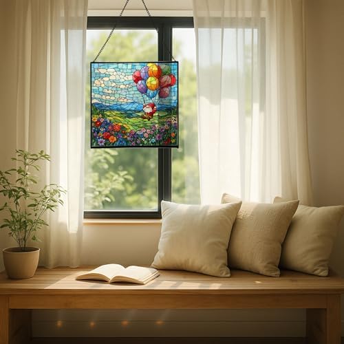 Balloon Flight Gnome Stained Glass Suncatcher – Square Hanging Window Panel for Home or Greenhouse – Whimsical Glass Art Gift for Garden Lovers, Christmas, Halloween, Father Days WsxVJP - Image 7