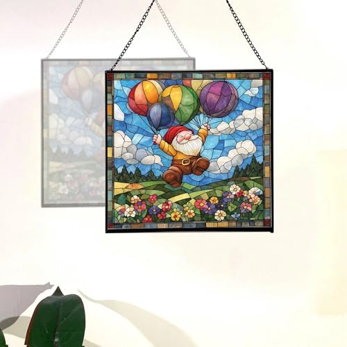 Balloon Flight Gnome Stained Glass Suncatcher – Square Hanging Window Panel for Home or Greenhouse – Whimsical Glass Art Gift for Garden Lovers, Christmas, Halloween, Father Days NzyS2A - Image 4