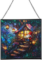 Gnome Reading in Treehouse Stained Glass Suncatcher – Square Hanging Window Panel for Home or Greenhouse – Whimsical Glass Art Gift for Garden Lovers, Christmas, Halloween, Father Days Nmi7V5 by Custom
