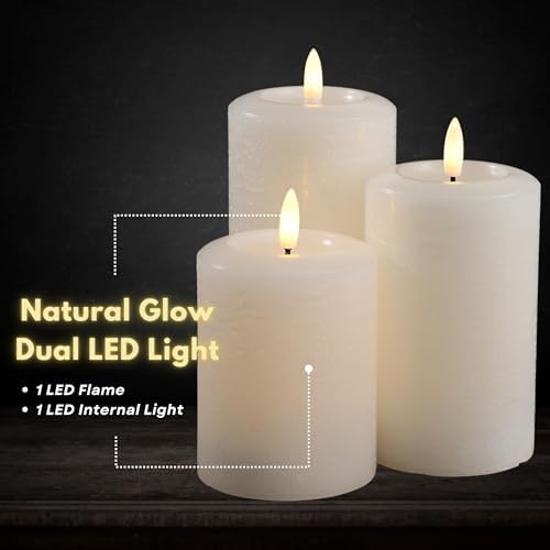 LumiPur Essentials Natural Glow Flameless Flickering Wax Pillar 3 Pack LED Candles (3" x 4" 5" & 6") Winter White - Image 3