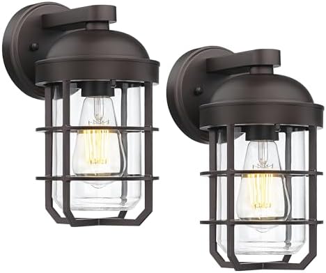 Emliviar 2 Packs Outdoor Wall Lamps, Patio Wall Lighting Waterproof with Clear Tempered Glass, Vintage Exterior Lights in Oil Rubbed Bronze Finish, GE255BL-2PK ORB by EMLIVIAR