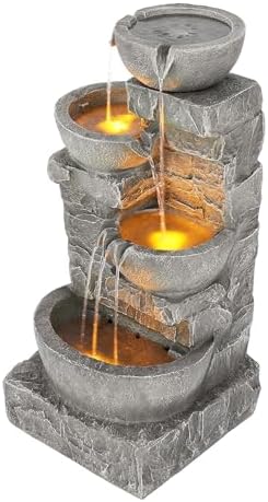 Teamson Home 33.25 in. Cascading Bowls and Stacked Stones LED Outdoor Water Fountain for Gardens, Landscaping, Patios, Balconies, and Lawns for a Calming Oasis in Outdoor Living Spaces, Stone Gray by TeamsonHome