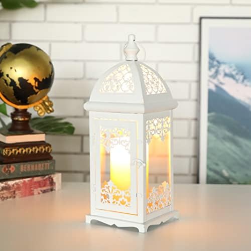 JHY DESIGN Filigree Decorative Candle Lantern 15''High Metal Candle Lanterns Vintage Style Hanging Lantern Decorations with Glass for Indoor Outdoor Events Parities Weddings (White) - Image 4