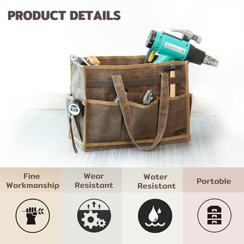 Canvas Large Tool Bag - A Large Main Pocket and 14 Insert Pockets Garden Tool Tote Bag - Durable 16oz Waxed Canvas Tool Case with Handle - Tool not Included - Image 4
