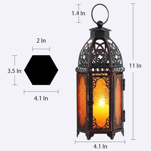 Set of 2 Moroccan Lanterns Decorative Indoor & Outdoor, 11’’ Medium Size Vintage Metal Hanging&Tabletop Candle Holder Decor, Halloween Christmas Ramadan Decorations for Home (Amber) - Image 2