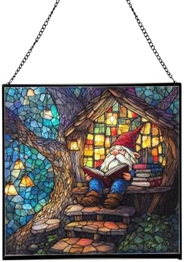 Gnome Reading in Treehouse Stained Glass Suncatcher – Square Hanging Window Panel for Home or Greenhouse – Whimsical Glass Art Gift for Garden Lovers, Christmas, Halloween, Father Days yU5sb7 by Custom
