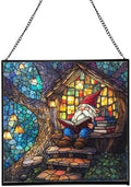 Gnome Reading in Treehouse Stained Glass Suncatcher – Square Hanging Window Panel for Home or Greenhouse – Whimsical Glass Art Gift for Garden Lovers, Christmas, Halloween, Father Days yU5sb7 by Custom
